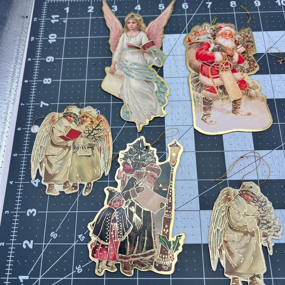 9pc Vintage Victorian Christmas Ornaments Santa Angel Gold Foil 1984 1986 Mixed